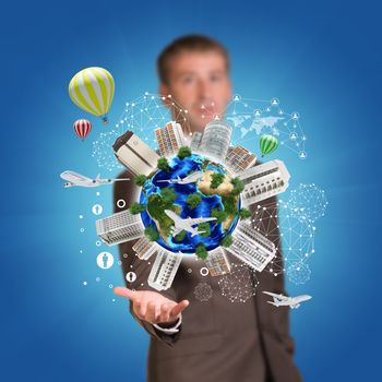 Business man hold Earth with buildings on surface. Airplane and network icons. Elements of this image are furnished by NASA