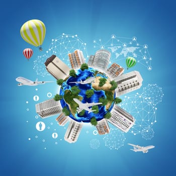 Earth with buildings on surface. Airplanes and network icons. Elements of this image are furnished by NASA