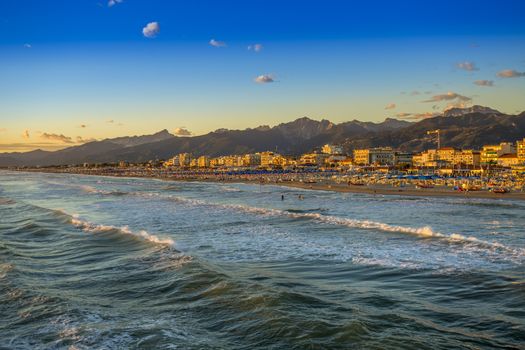 View of a gold sunset in Versilia, Tuscany, Italy.