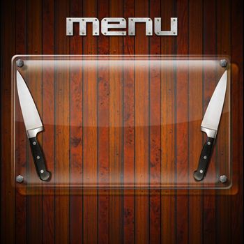 Glass or plexiglass framework on wooden vintage background, with two kitchen knives and written Menu. Background for a recipes or a rustic menu

