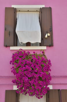 Window  on a vivid pink wall in the island of Burano, Venice, Italy
