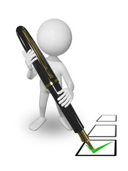 illustration abstract white man with pen puts a tick