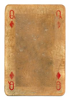 ancient dirty grunge playing card queen of diamonds paper background isolated on white