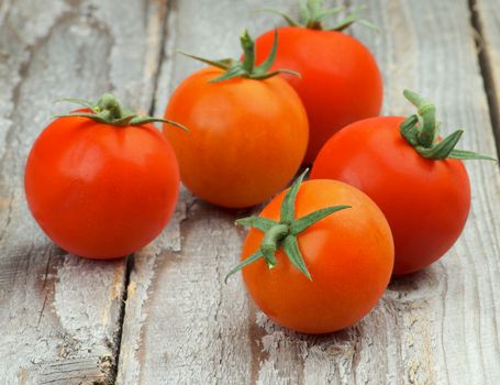 Heap of Five Fresh Ripe Red Cherry Tomatoes with Twigs on Rustic Wooden background. Focus on Foreground