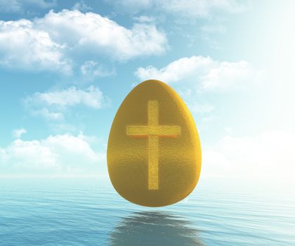 easter golden egg with cross above the water