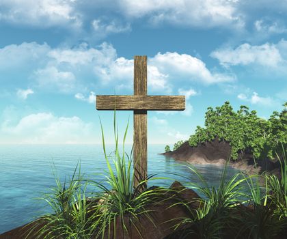 wooden cross on the island with view on the sea







wooden cross in front of sun above the water