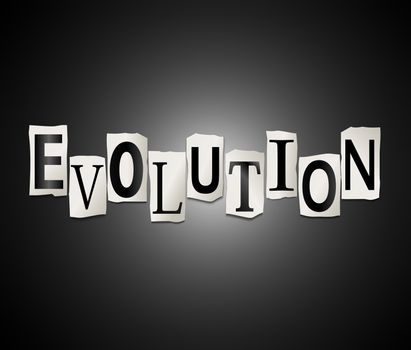 Illustration depicting a set of cut out printed letters arranged to form the word evolution.