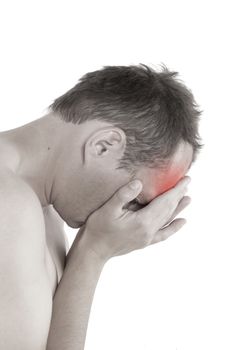 Migraine and headache. Young man touching his head isolated on white background. Pain concept. 