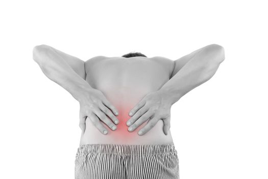 Back Pain. Man touching his back with highlighted pain area. Lower back pain, physical discomfort.