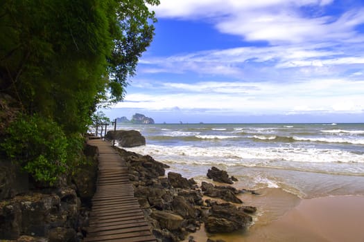 Wooden Walkway Along The Sea. Krabi Province, Thailand