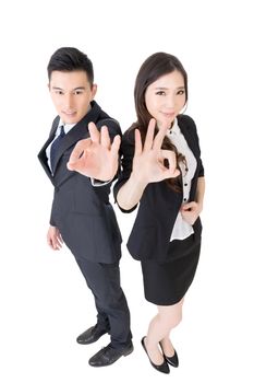 Attractive Asian business woman and man give you an okay sign, full length portrait isolated on white.