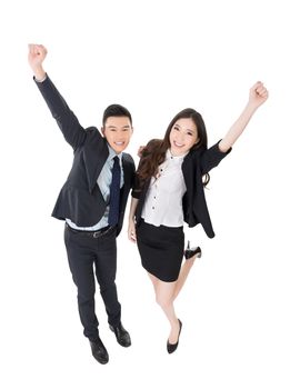 Exciting business man and woman, full length portrait isolated on white background.