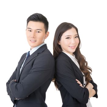 Confident young businessman and businesswoman, closeup portrait on white background.