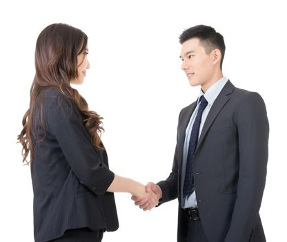 Business woman and man shake hands, closeup portrait isolated on white background.