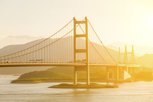 Modern bridge at sunset in Hong Kong