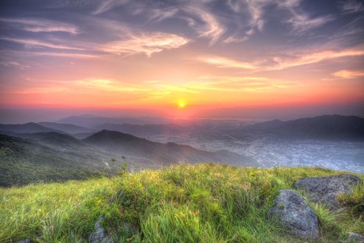 Sunset at Hong Kong at mountains, HDR image.