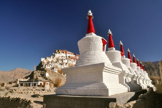 Scenic view of the sunlit Thiksey monastery complex in Ladakh, India 