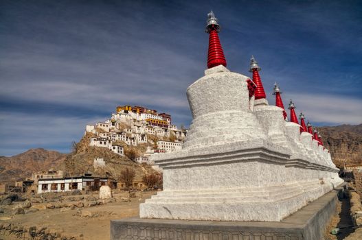 Picturesque view of the Thiksey monastery's architecture, India