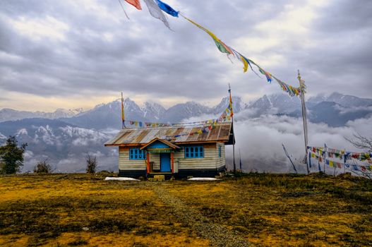 Picturesque house in traditional colours in Arunachal Pradesh, India