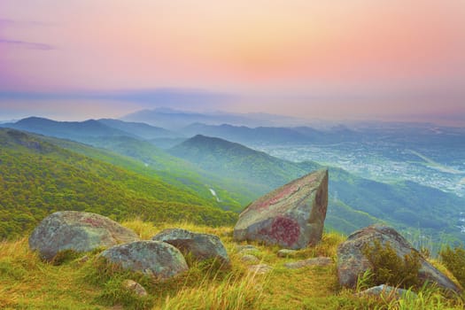 Sunset mountains in country park, Hong Kong.