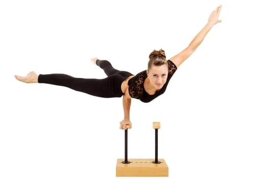 beauty contortionist practicing gymnastic yoga isolated on white background, Young professional gymnast woman