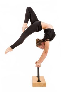 beauty contortionist practicing gymnastic yoga isolated on white background, Young professional gymnast woman