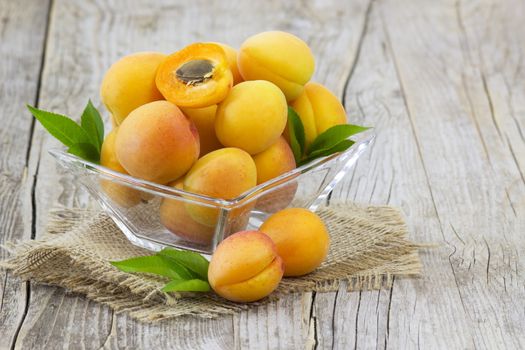 fresh apricots in a bowl on wooden background