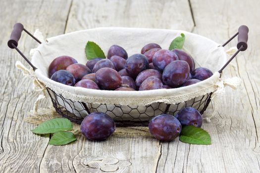 fresh plums in a basket on old wooden background