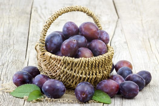 fresh plums in a basket on old wooden background