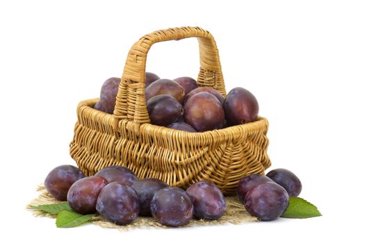 fresh plums in a basket on white background