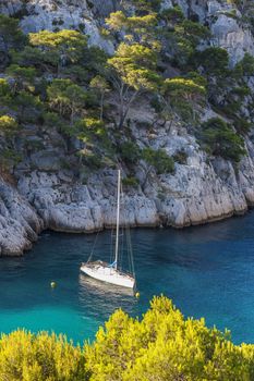 Calanques of Port Pin with boat, Cassis, France