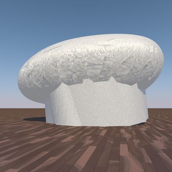 Cook's hat over wooden table, blue sky, 3d render