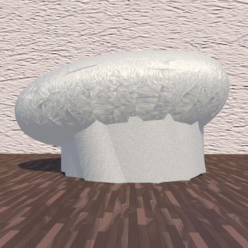 Cook's hat over wooden table, wall on the back, 3d render