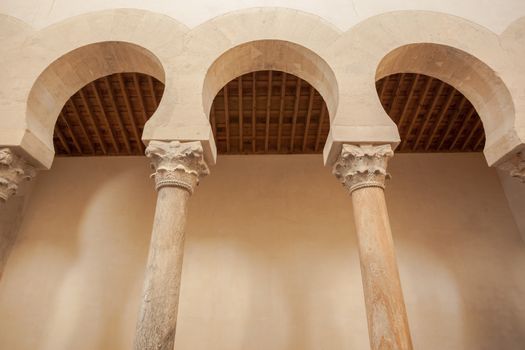 Closeup view of the mozarabic arcade in the chruch of San Cebrian de Mazote located in the province of Valladolid Spain