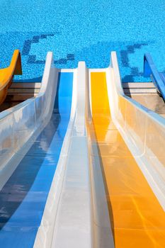 top point of view of water slide with pool