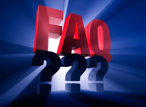 Bold,  brilliant; bright; red "FAQ" atop a dark gray "???" on a dark blue background brilliantly backlit with light rays shining through.