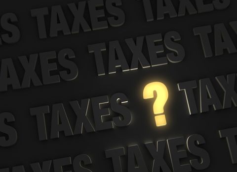 A bright, glowing yellow question mark stands out in a dark field of gray "TAXES".