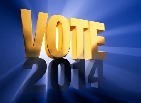 A brilliantly backlit, gold "VOTE" sits atop a dark gray "2014" on a deep blue background with light rays shining through both. 