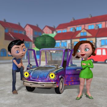 The composition of the men, women and car in cartoon style.