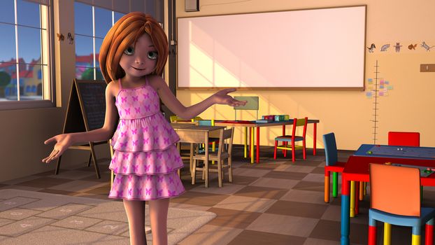 Young Girl in the playroom indicating on the screen.