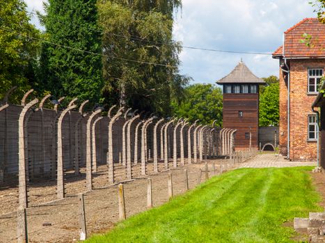 Fence and guard tower of concentration camp Auschwitz (Oswiecim)