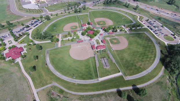 Aerial view of the baseball fields at Sandstone Ranch, Longmont, CO