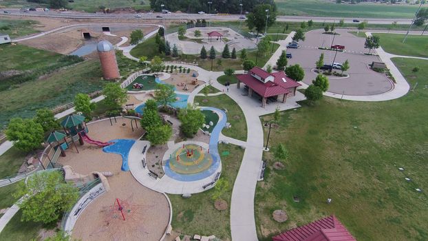 Aerial view of the children’s playground and skate park at Sandstone Ranch, Longmont, CO