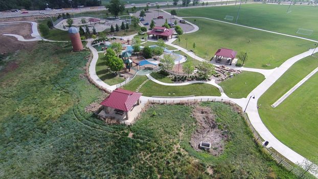 Aerial view of the children’s playground and skate park at Sandstone Ranch, Longmont, CO