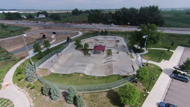 Aerial view of the skate park at Sandstone Ranch, Longmont, CO