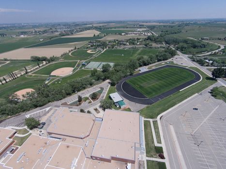 Aerial View of Niwot High School Sports Fields, including part of the high school.