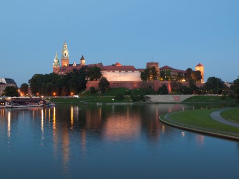 Evening at Vistula River and Wawel Castle in Krakow (Poland)