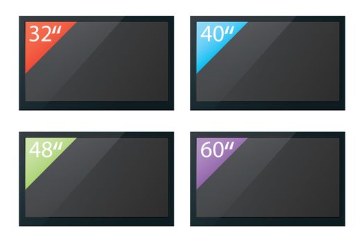 An Illustration of flat screen televisions isolated with different screen sizes