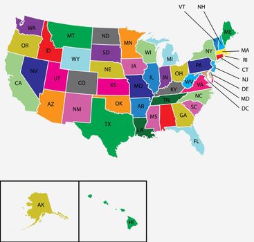 An Illustration of all 50 states of america on white background