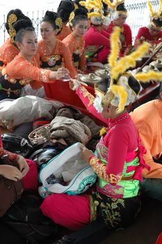 Bandung, Indonesia - March 9, 2008: Dancer member that gather together and make preparation before get performing on stage at Tegalega Park Bandung, West Java-Indonesia.